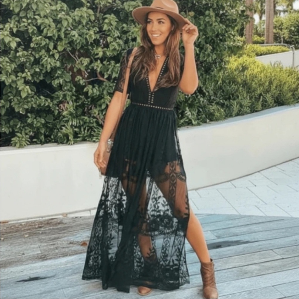 Eleter Black Lace Maxi Dress Size M